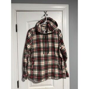 LL. Bean Women's Christmas Plaid Flannel Shirt Relaxed Zip Hoodie Size Medium